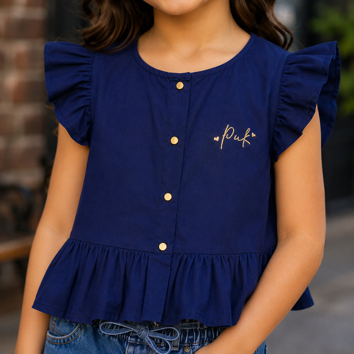 Kids Girls Combo Set with Navy Flutter Sleeve Top & Light Blue Comfort Fit Denim Shorts