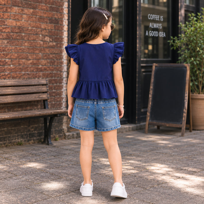 Kids Girls Combo Set with Navy Flutter Sleeve Top & Light Blue Comfort Fit Denim Shorts