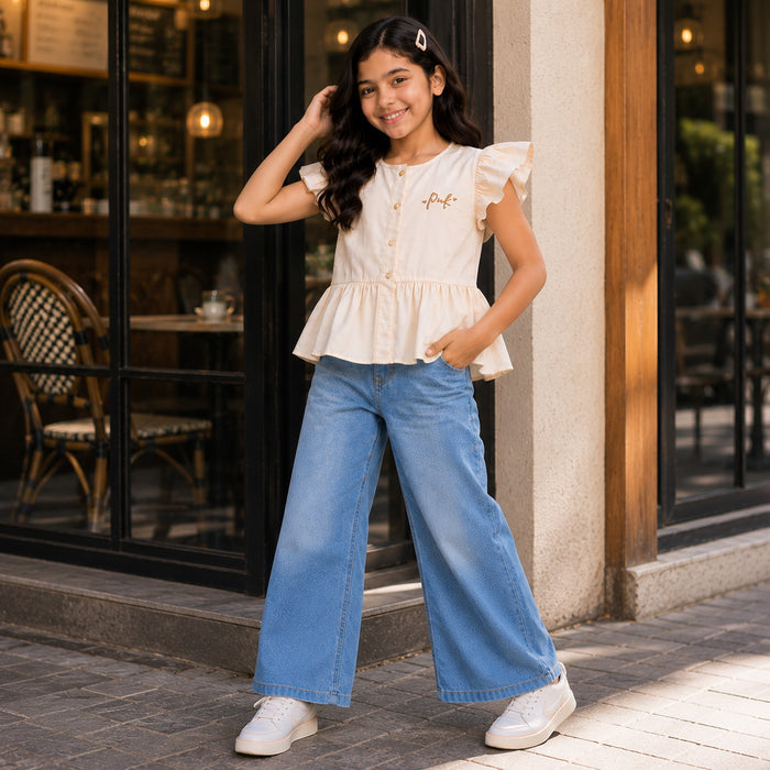 Kids Girls Combo Set with Off White Ruffle Casual Top & Mid Blue Relaxed Fit Jeans