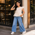 Kids Girls Combo Set with Off White Ruffle Casual Top & Mid Blue Relaxed Fit Jeans