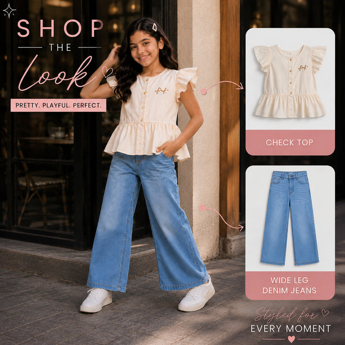 Kids Girls Combo Set with Off White Ruffle Casual Top & Mid Blue Relaxed Fit Jeans