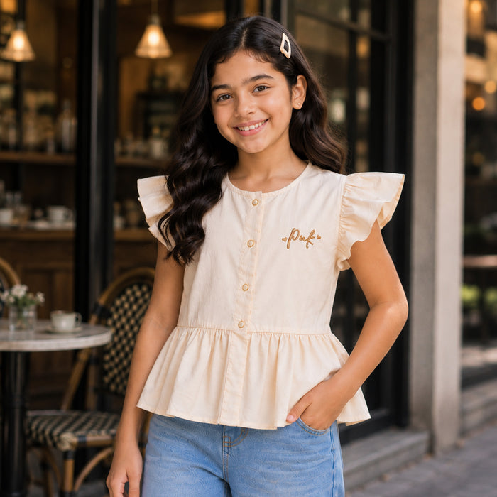 Kids Girls Combo Set with Off White Ruffle Casual Top & Mid Blue Relaxed Fit Jeans