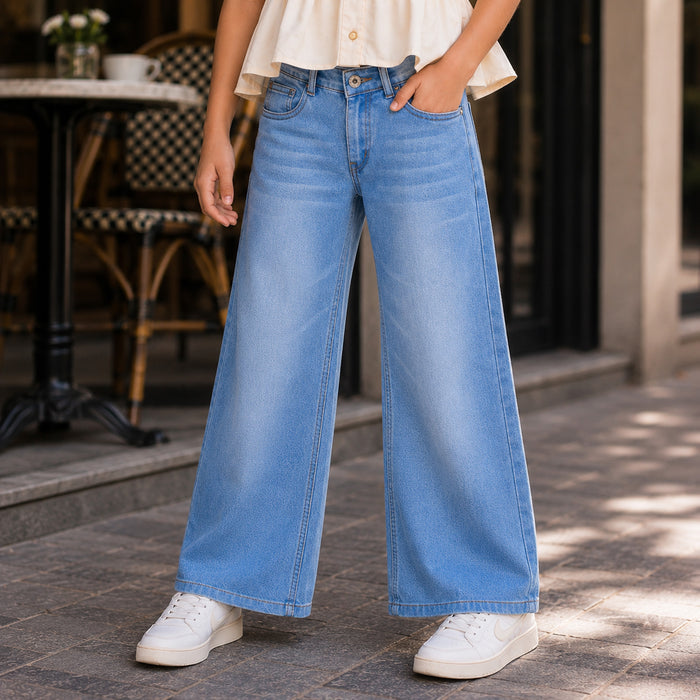 Kids Girls Combo Set with Off White Ruffle Casual Top & Mid Blue Relaxed Fit Jeans