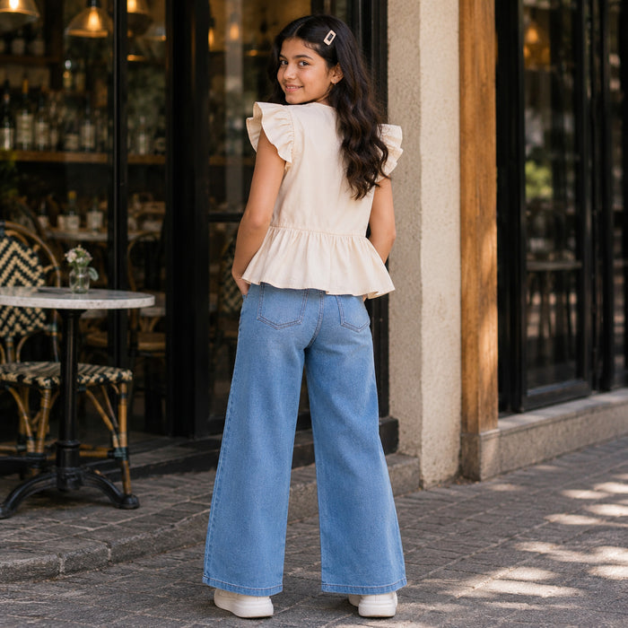 Kids Girls Combo Set with Off White Ruffle Casual Top & Mid Blue Relaxed Fit Jeans