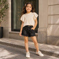 Kids Girls Combo Set with Off White Smocked Top & Black Comfort Fit Denim Shorts