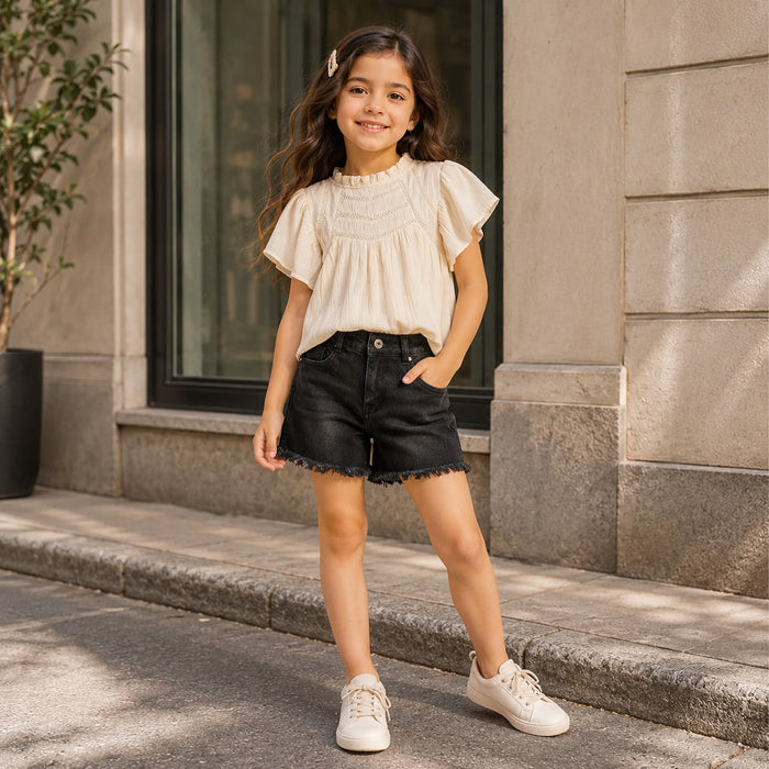 Kids Girls Combo Set with Off White Smocked Top & Black Comfort Fit Denim Shorts