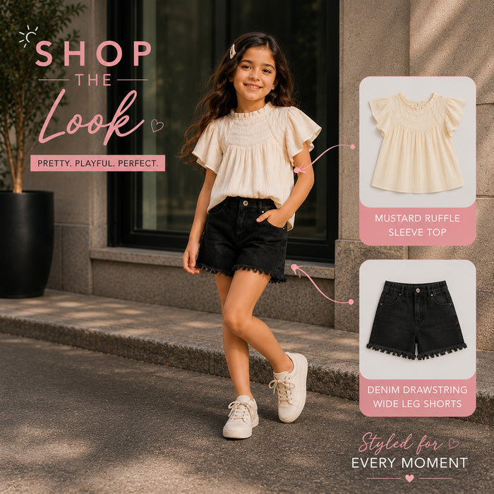 Kids Girls Combo Set with Off White Smocked Top & Black Comfort Fit Denim Shorts