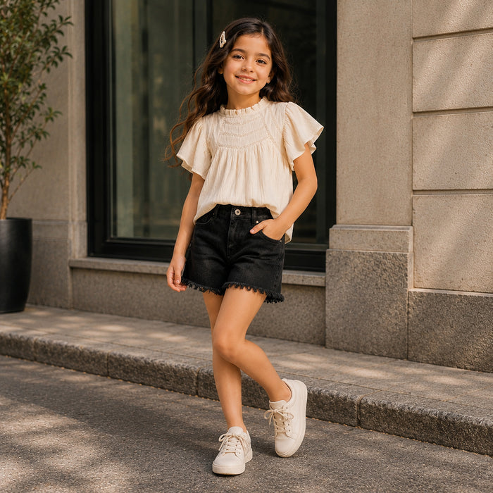 Kids Girls Combo Set with Off White Smocked Top & Black Comfort Fit Denim Shorts