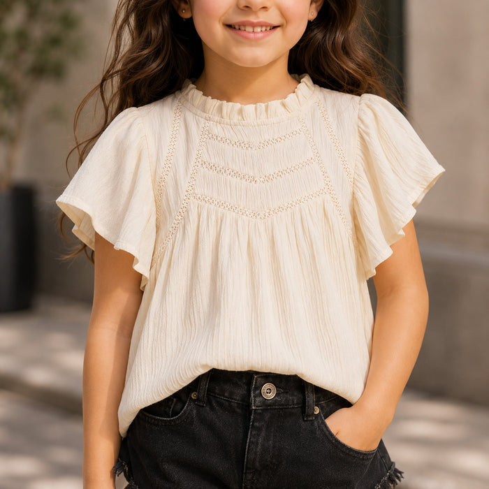 Kids Girls Combo Set with Off White Smocked Top & Black Comfort Fit Denim Shorts