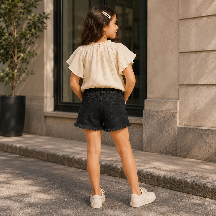 Kids Girls Combo Set with Off White Smocked Top & Black Comfort Fit Denim Shorts