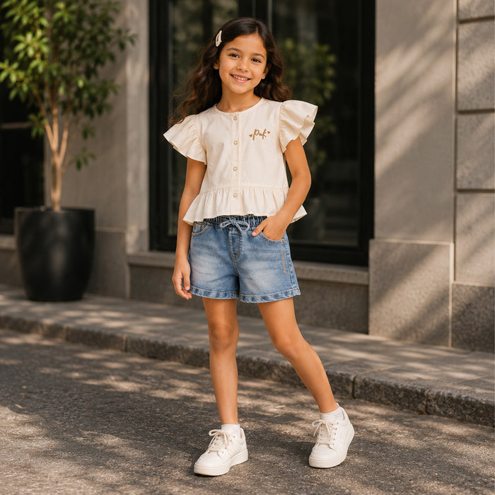 Kids Girls Combo Set with Off White Soft Fabric Peplum Top & Blue Comfort Fit Denim Shorts