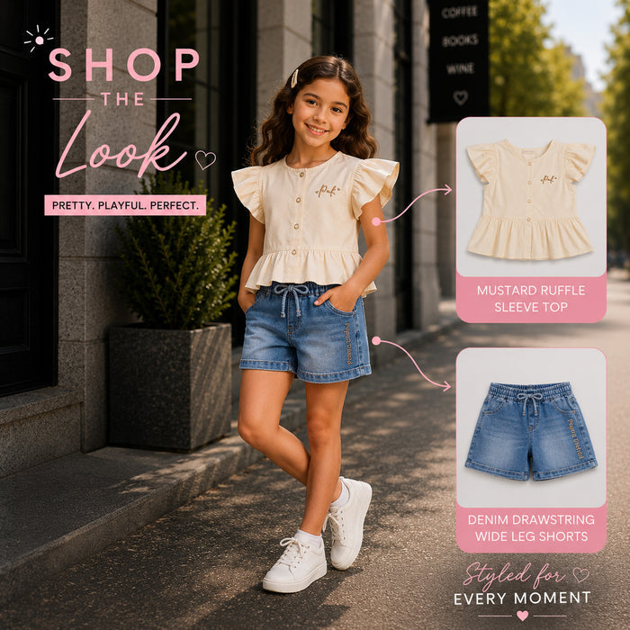 Kids Girls Combo Set with Off White Soft Fabric Peplum Top & Blue Comfort Fit Denim Shorts
