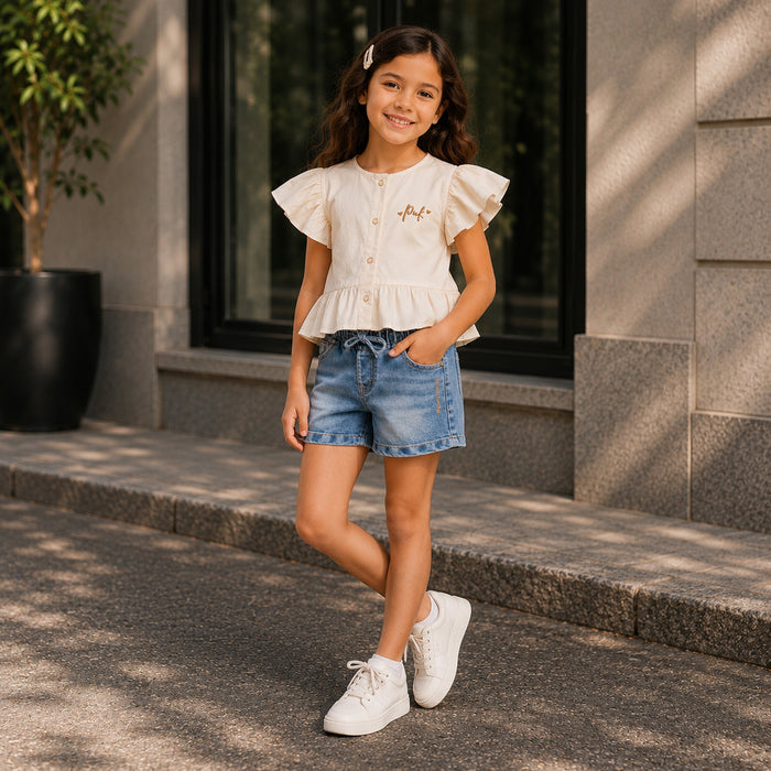 Kids Girls Combo Set with Off White Soft Fabric Peplum Top & Blue Comfort Fit Denim Shorts