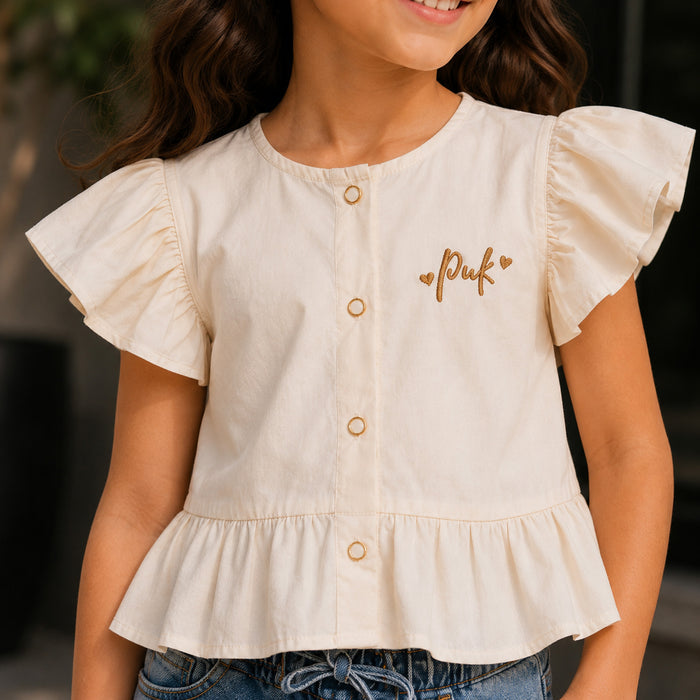 Kids Girls Combo Set with Off White Soft Fabric Peplum Top & Blue Comfort Fit Denim Shorts