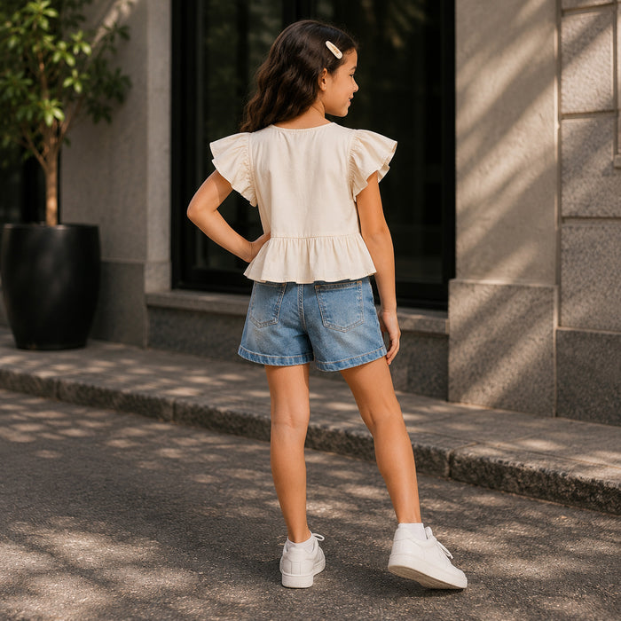 Kids Girls Combo Set with Off White Soft Fabric Peplum Top & Blue Comfort Fit Denim Shorts