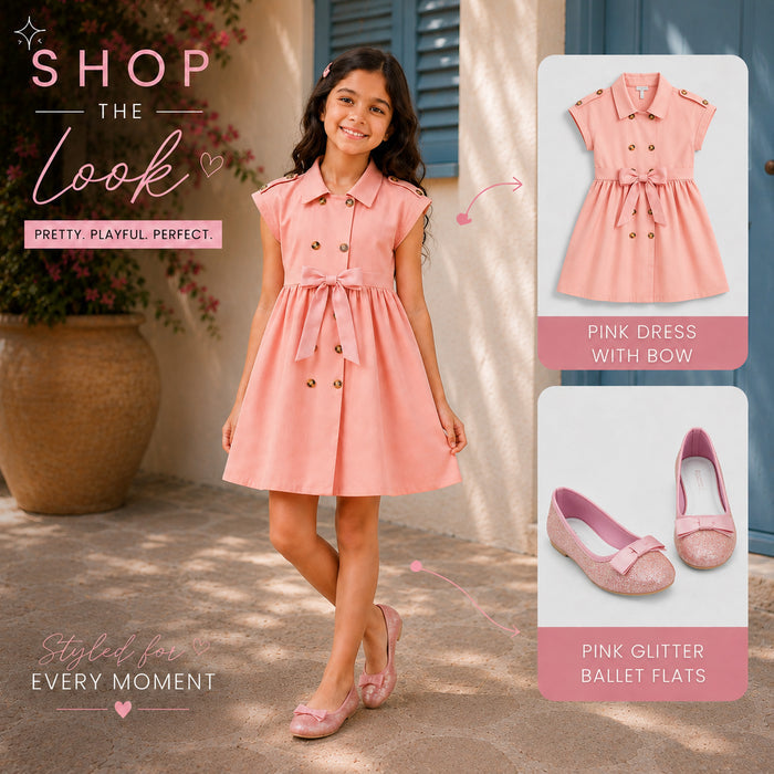 Kids Girls Combo Set with Peach Collared Dress & Pink Embellished All Day Comfort Ballerinas