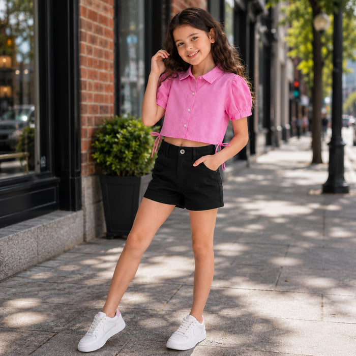 Kids Girls Combo Set with Pink Cropped Top & Black Tailored Shorts for Casual Days