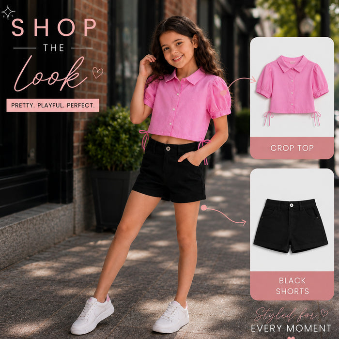 Kids Girls Combo Set with Pink Cropped Top & Black Tailored Shorts for Casual Days