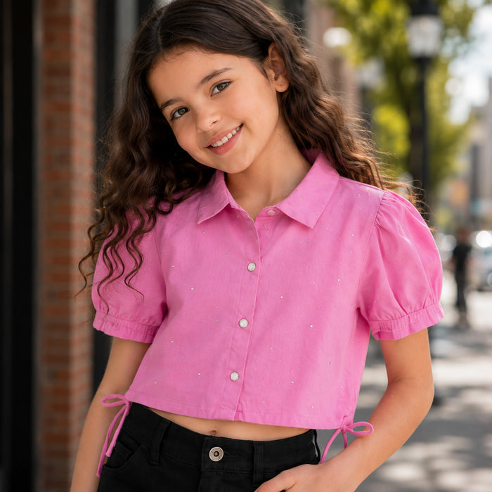 Kids Girls Combo Set with Pink Cropped Top & Black Tailored Shorts for Casual Days