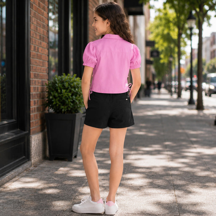 Kids Girls Combo Set with Pink Cropped Top & Black Tailored Shorts for Casual Days