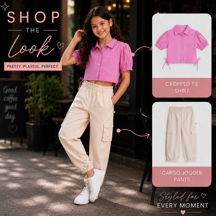 Kids Girls Combo Set with Pink Puff Sleeve Casual Top & Off White Cargo Comfortable Lower