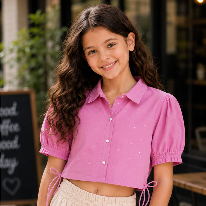 Kids Girls Combo Set with Pink Puff Sleeve Casual Top & Off White Cargo Comfortable Lower