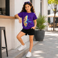 Kids Girls Combo Set with Purple Graphic Casual Tshirt & Black Tailored Relaxed Fit Shorts