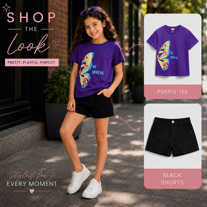 Kids Girls Combo Set with Purple Graphic Casual Tshirt & Black Tailored Relaxed Fit Shorts