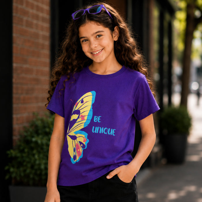 Kids Girls Combo Set with Purple Graphic Casual Tshirt & Black Tailored Relaxed Fit Shorts