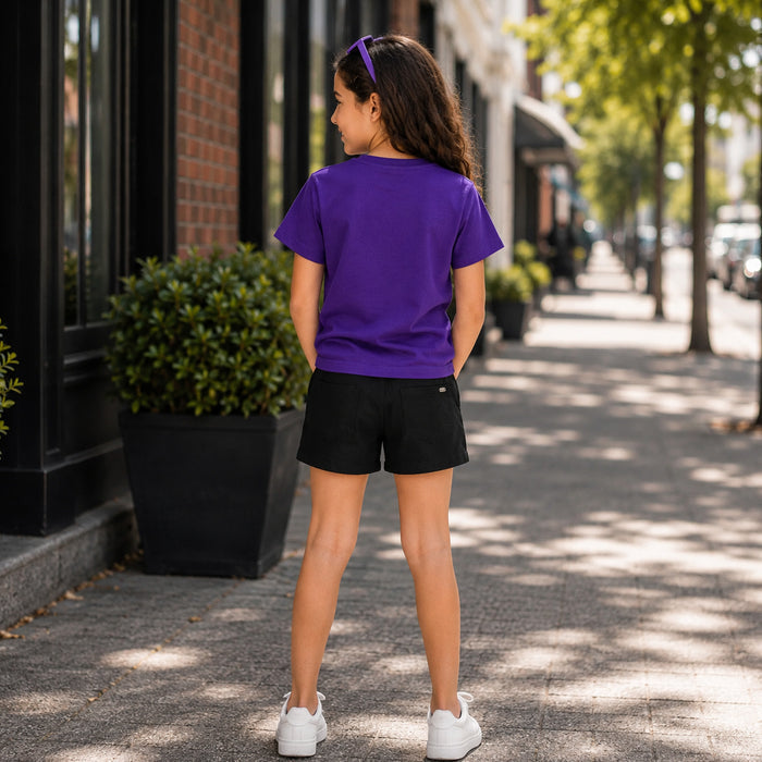 Kids Girls Combo Set with Purple Graphic Casual Tshirt & Black Tailored Relaxed Fit Shorts