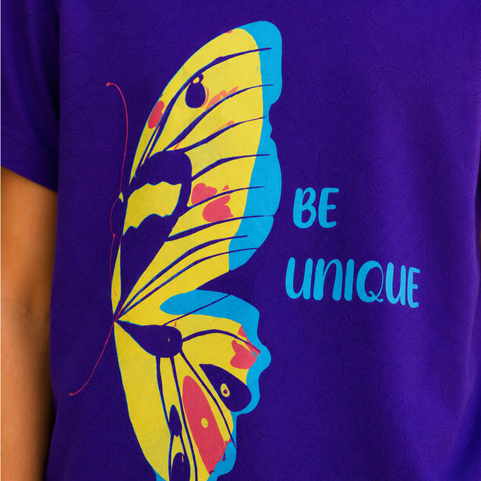 Kids Girls Combo Set with Purple Graphic Casual Tshirt & Black Tailored Relaxed Fit Shorts