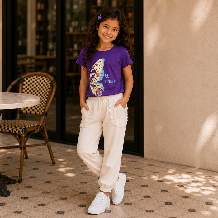 Kids Girls Combo Set with Purple Graphic Casual Tshirt & Off White Utility Jogger Style Lower