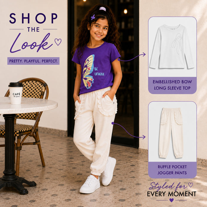 Kids Girls Combo Set with Purple Graphic Casual Tshirt & Off White Utility Jogger Style Lower