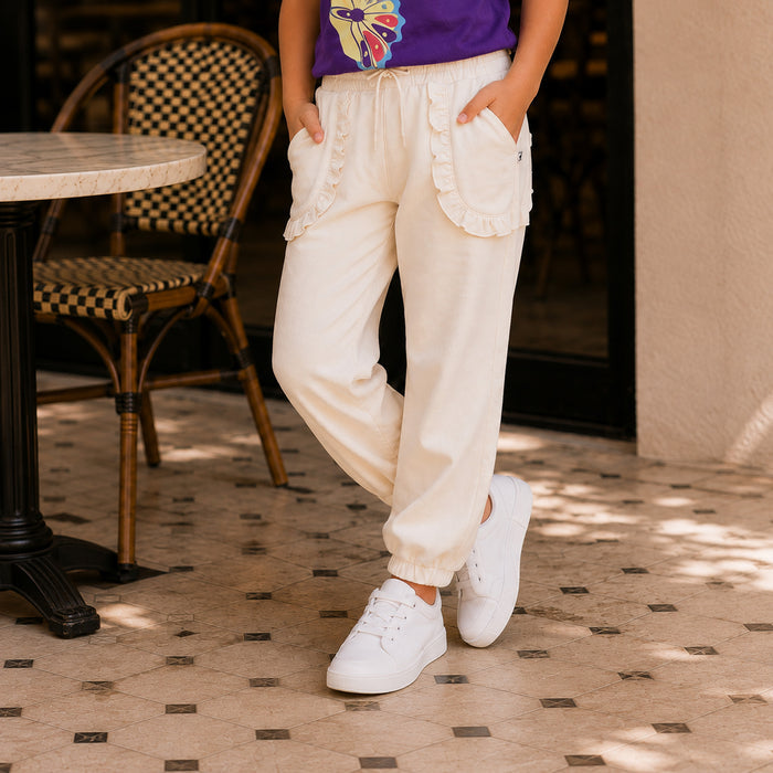 Kids Girls Combo Set with Purple Graphic Casual Tshirt & Off White Utility Jogger Style Lower