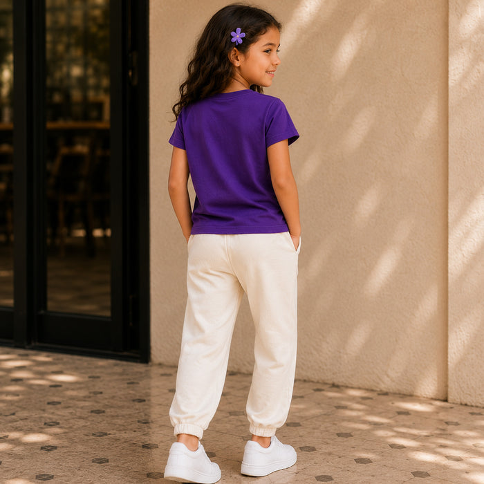 Kids Girls Combo Set with Purple Graphic Casual Tshirt & Off White Utility Jogger Style Lower