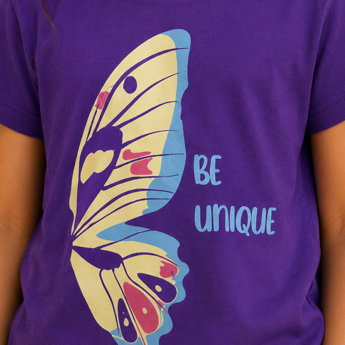 Kids Girls Combo Set with Purple Graphic Casual Tshirt & Off White Utility Jogger Style Lower