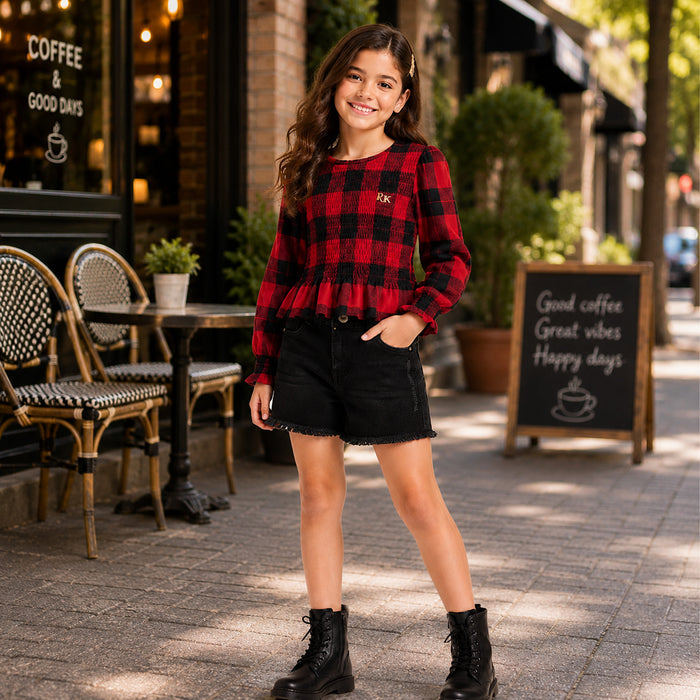 Kids Girls Combo Set with Red Comfortable Plaid Peplum Top & Black Denim Casual Shorts