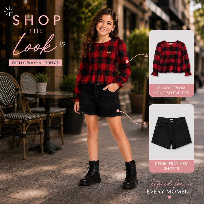 Kids Girls Combo Set with Red Comfortable Plaid Peplum Top & Black Denim Casual Shorts