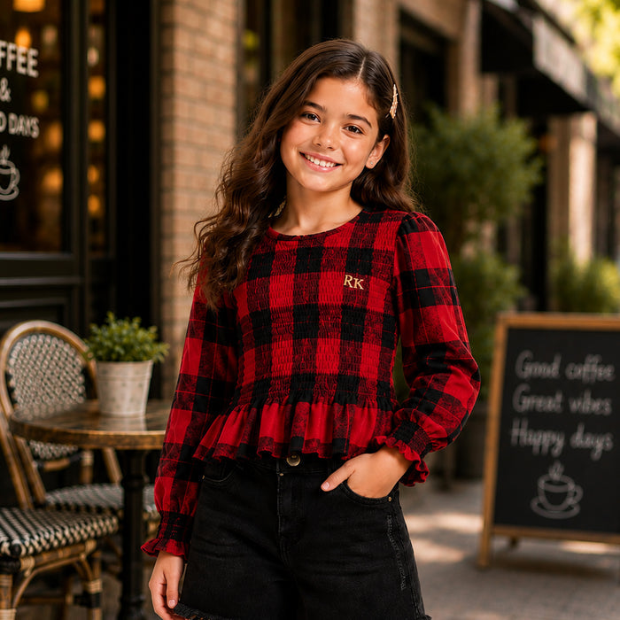 Kids Girls Combo Set with Red Comfortable Plaid Peplum Top & Black Denim Casual Shorts