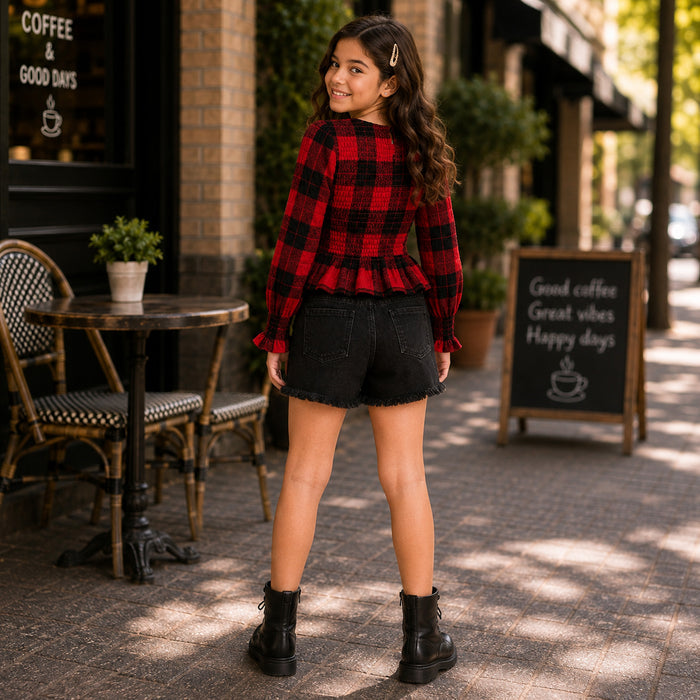 Kids Girls Combo Set with Red Comfortable Plaid Peplum Top & Black Denim Casual Shorts