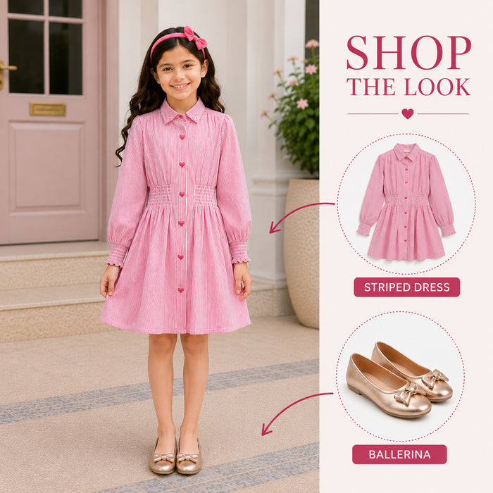 Kids Girls Combo Set with Red Stripe Collared Dress & Champagne Gold Bow Ballerinas