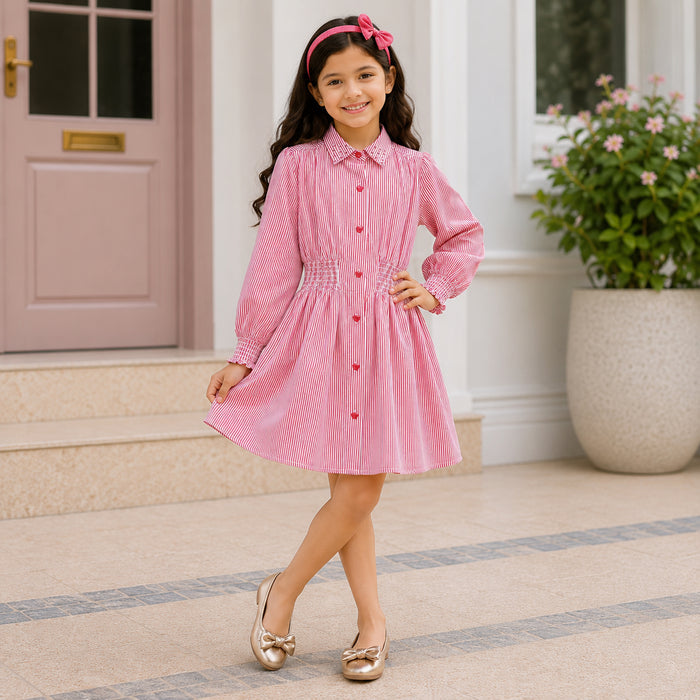 Kids Girls Combo Set with Red Stripe Collared Dress & Champagne Gold Bow Ballerinas