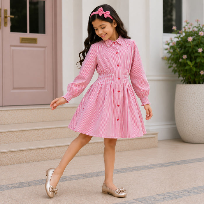 Kids Girls Combo Set with Red Stripe Collared Dress & Champagne Gold Bow Ballerinas