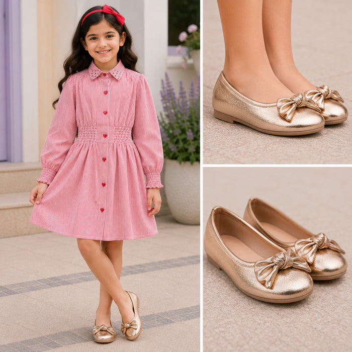 Kids Girls Combo Set with Red Stripe Collared Dress & Champagne Gold Bow Ballerinas