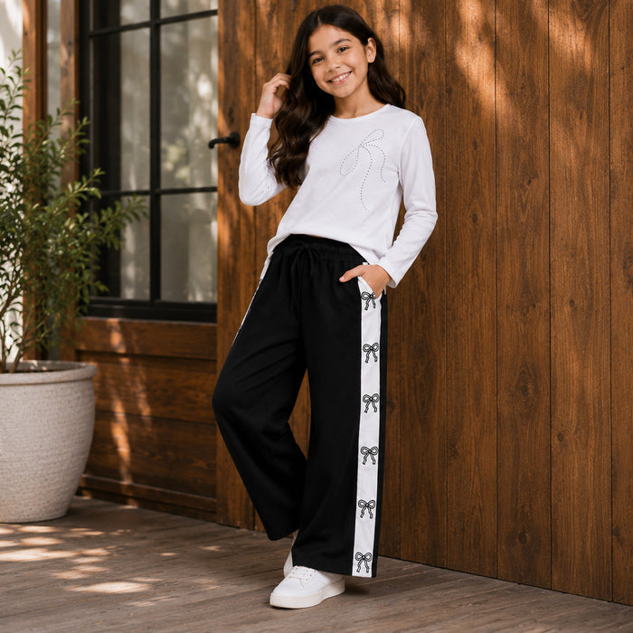 Kids Girls Combo Set with White Casual Full Sleeves Tshirt & Black Wide Leg Comfort Lower