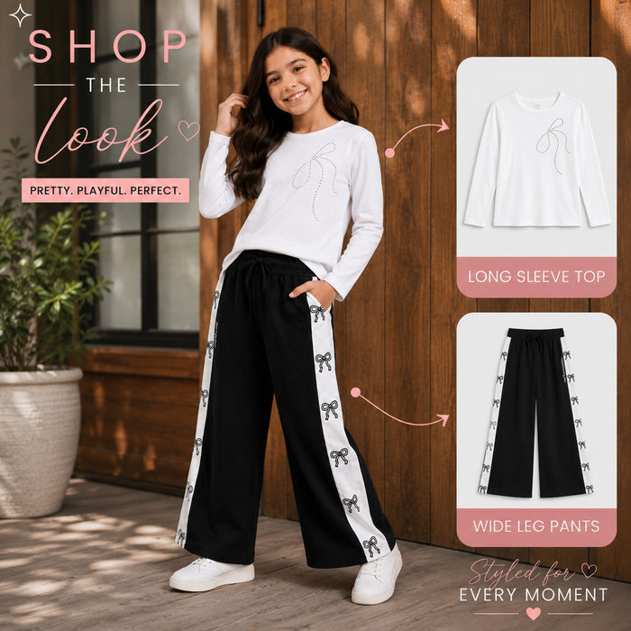 Kids Girls Combo Set with White Casual Full Sleeves Tshirt & Black Wide Leg Comfort Lower