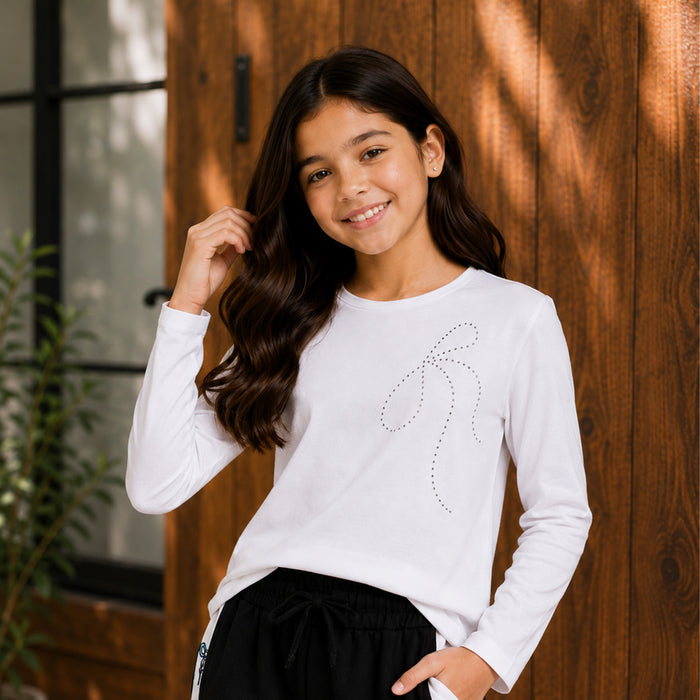 Kids Girls Combo Set with White Casual Full Sleeves Tshirt & Black Wide Leg Comfort Lower