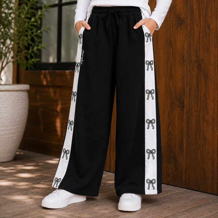 Kids Girls Combo Set with White Casual Full Sleeves Tshirt & Black Wide Leg Comfort Lower
