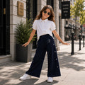 Kids Girls Combo Set with White Puff Sleeve Casual Top & Navy Comfort Fit Wide Leg Lowers