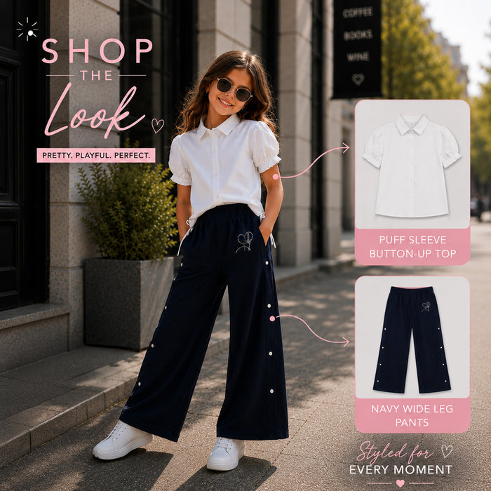 Kids Girls Combo Set with White Puff Sleeve Casual Top & Navy Comfort Fit Wide Leg Lowers